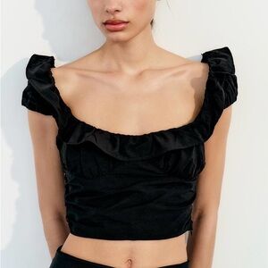 Zara Women’s Black Ruffle Cropped Top Size XL NWT